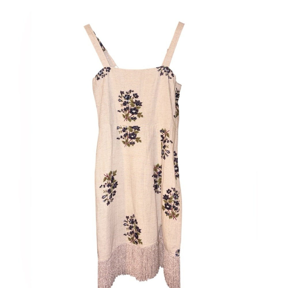 Eddy Knee Length Dress Beaded Fringe Ribbon Back Tie Up Linen Cotton Natural XS